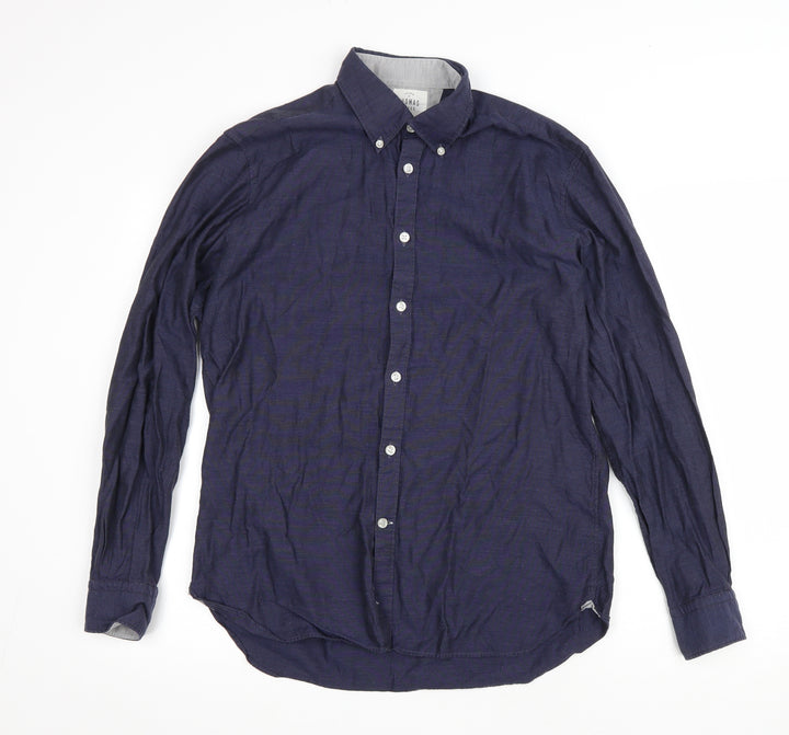 Thomas Mayes Mens Blue Polyester Button-Up Size M Collared Button
