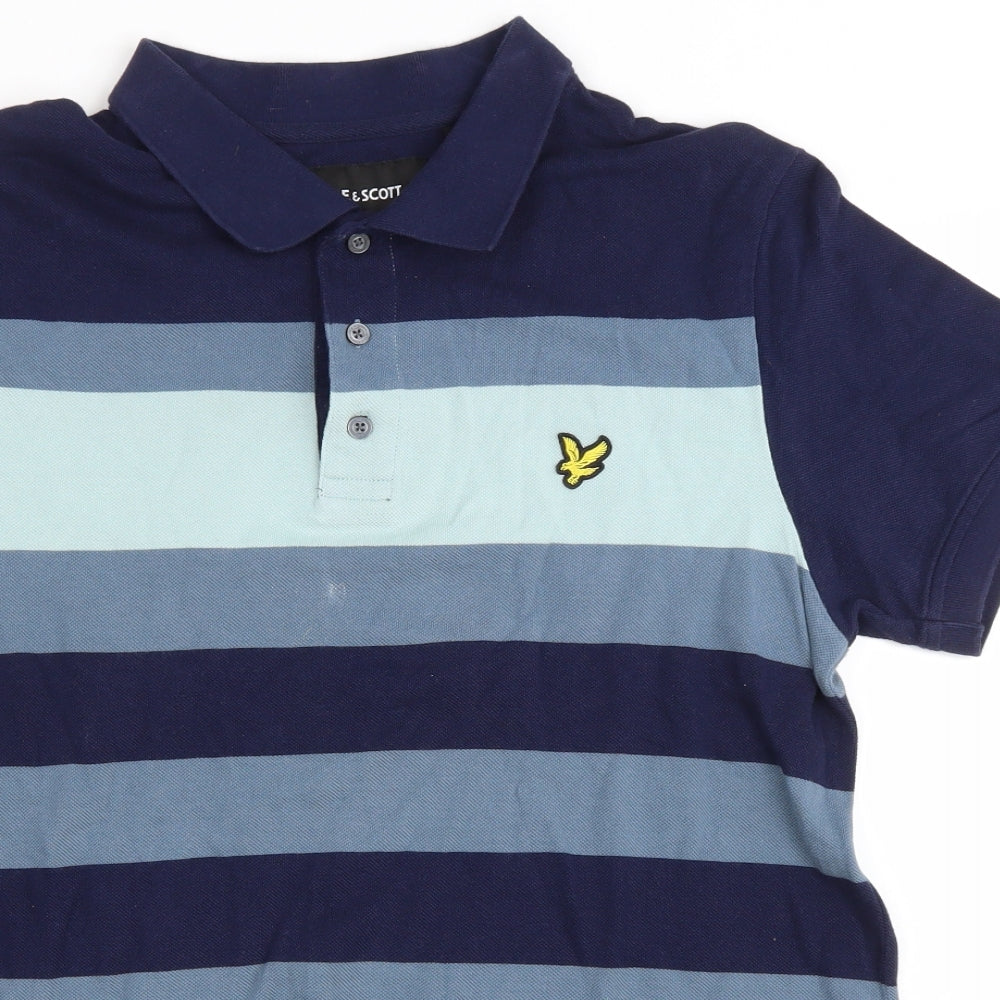 Lyle & Scott Mens Blue Striped Cotton Polo Size L Collared Button