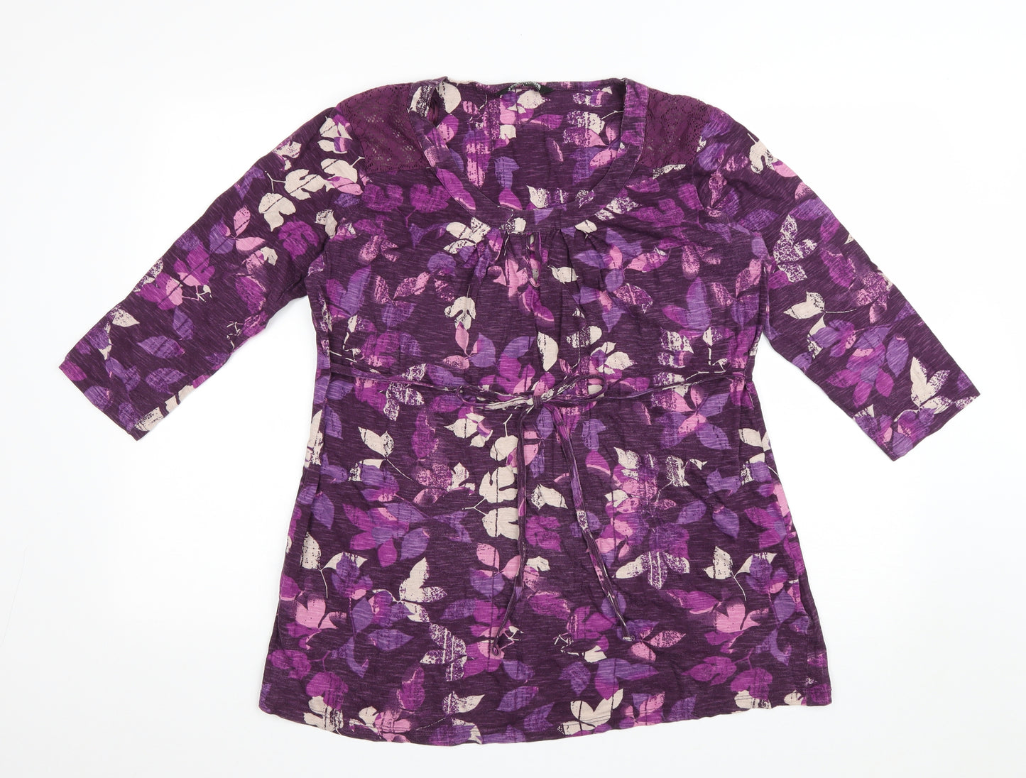 Debenhams Womens Purple Floral Cotton Basic T-Shirt Size 14 Scoop Neck - Lace detail