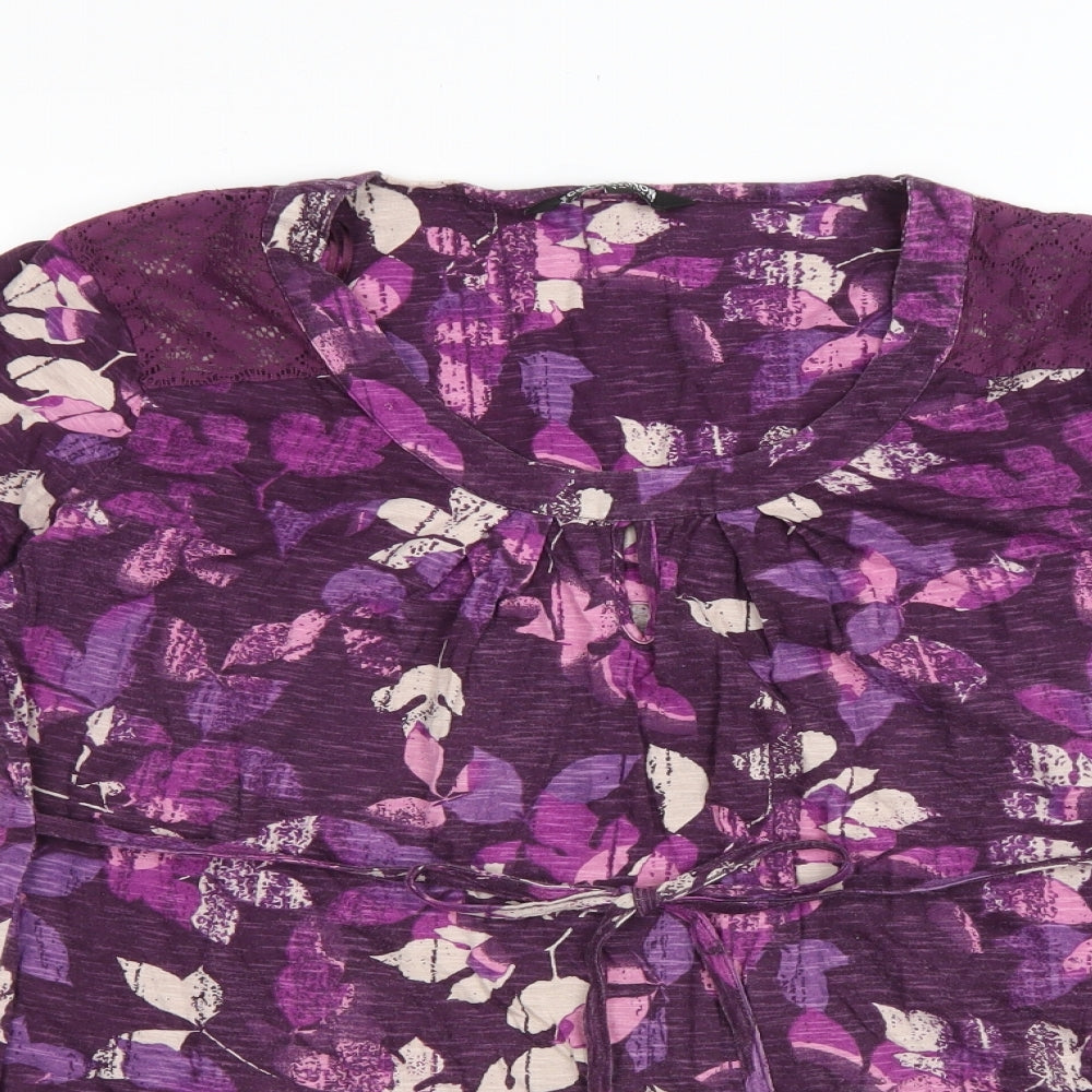 Debenhams Womens Purple Floral Cotton Basic T-Shirt Size 14 Scoop Neck - Lace detail