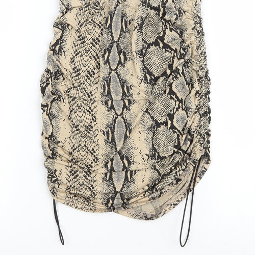 PRETTYLITTLETHING Womens Brown Animal Print Polyester Mini Skirt Size 8 Drawstring - Ruched