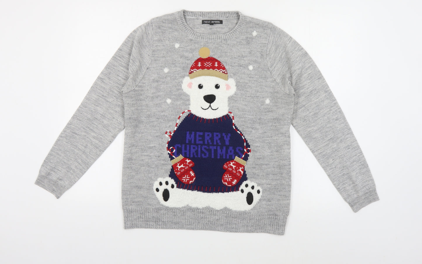 NEXT Womens Grey Crew Neck Acrylic Pullover Jumper Size 12 - Christmas Polar Bear