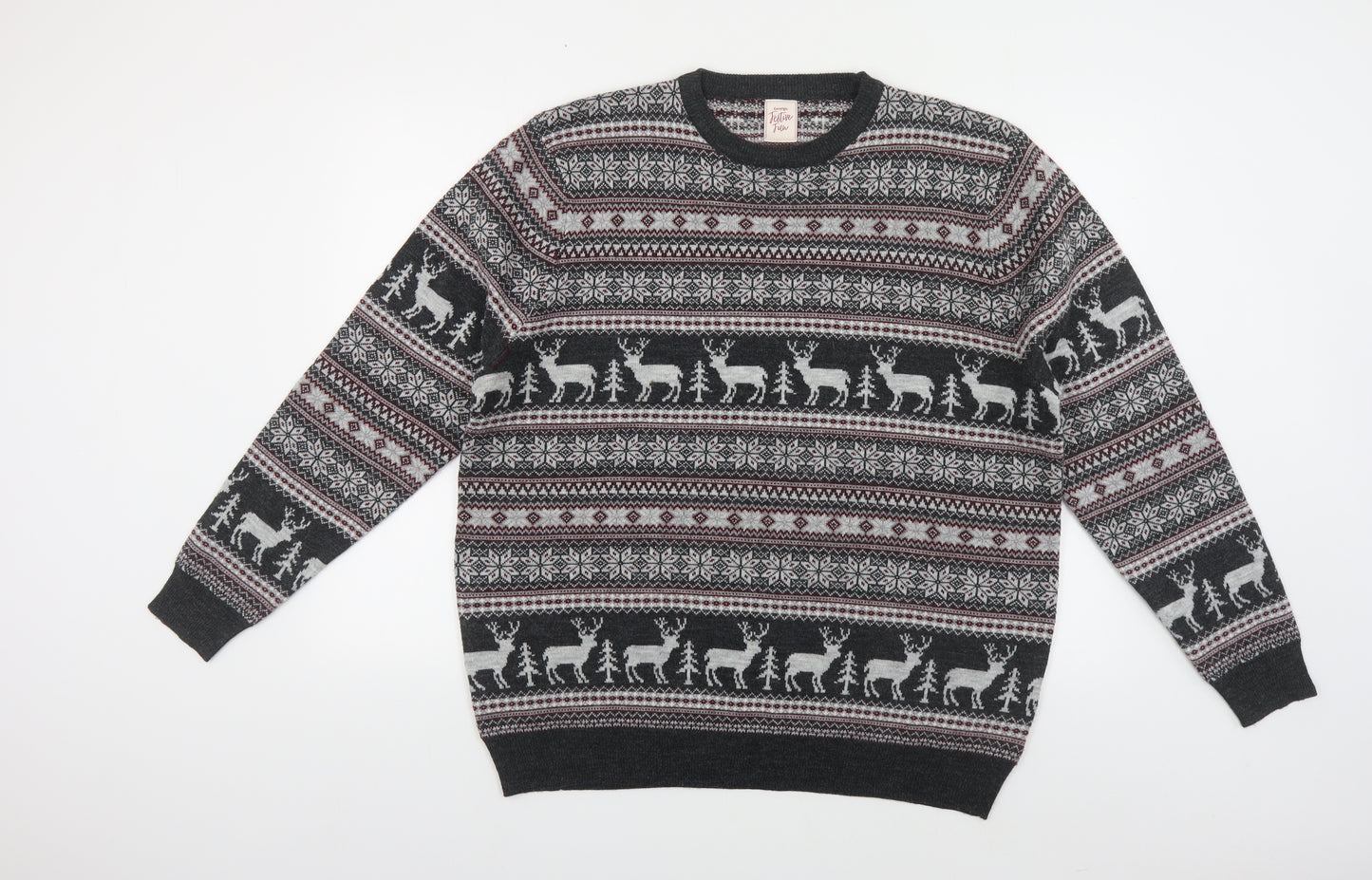 George Mens Grey Crew Neck Fair Isle Acrylic Pullover Jumper Size XL - Christmas