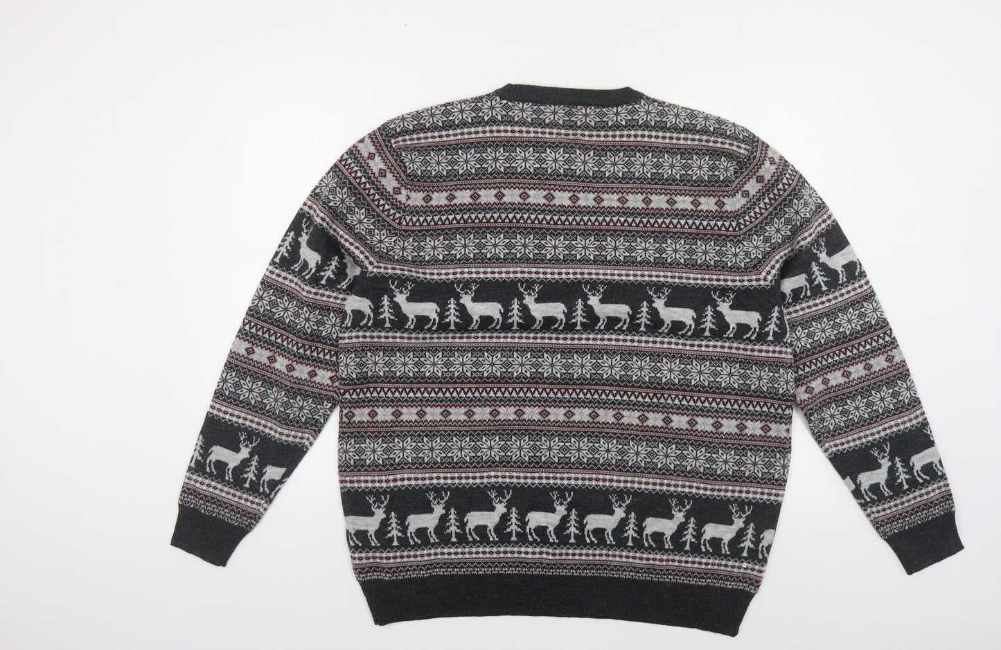 George Mens Grey Crew Neck Fair Isle Acrylic Pullover Jumper Size XL - Christmas