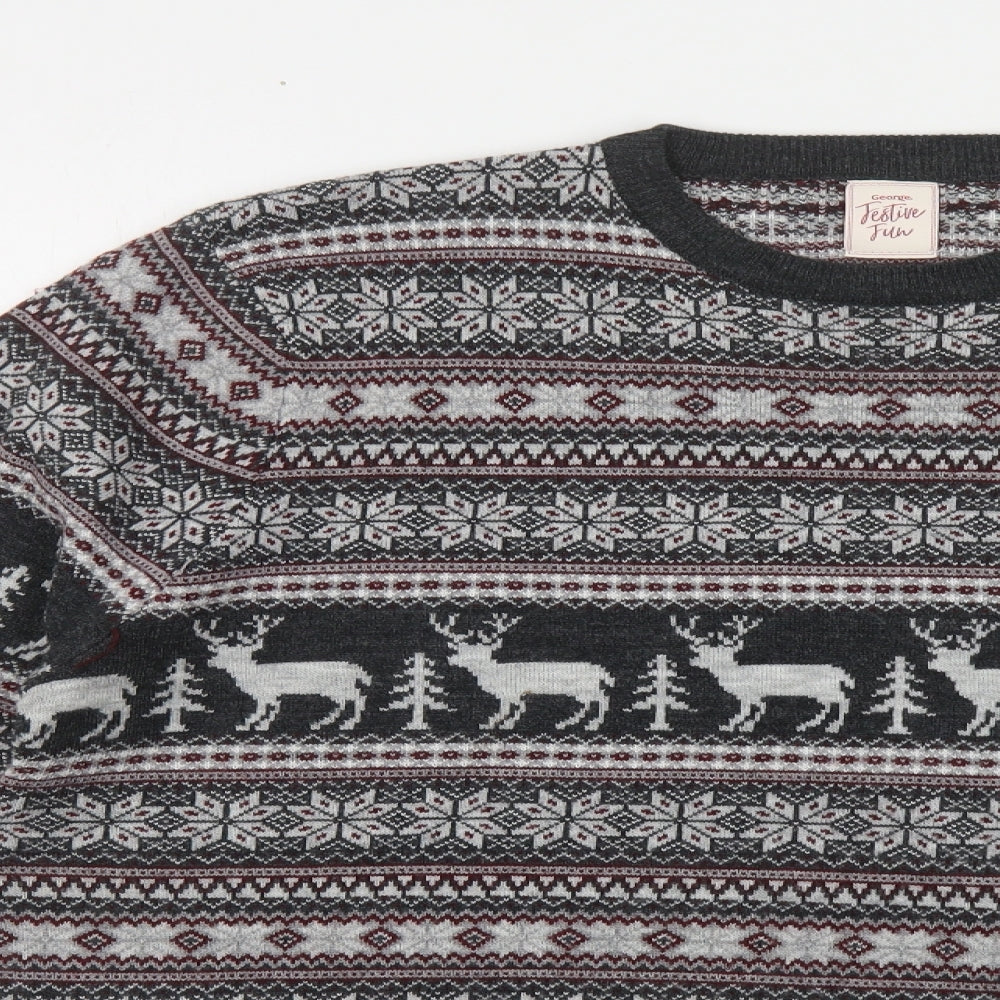 George Mens Grey Crew Neck Fair Isle Acrylic Pullover Jumper Size XL - Christmas