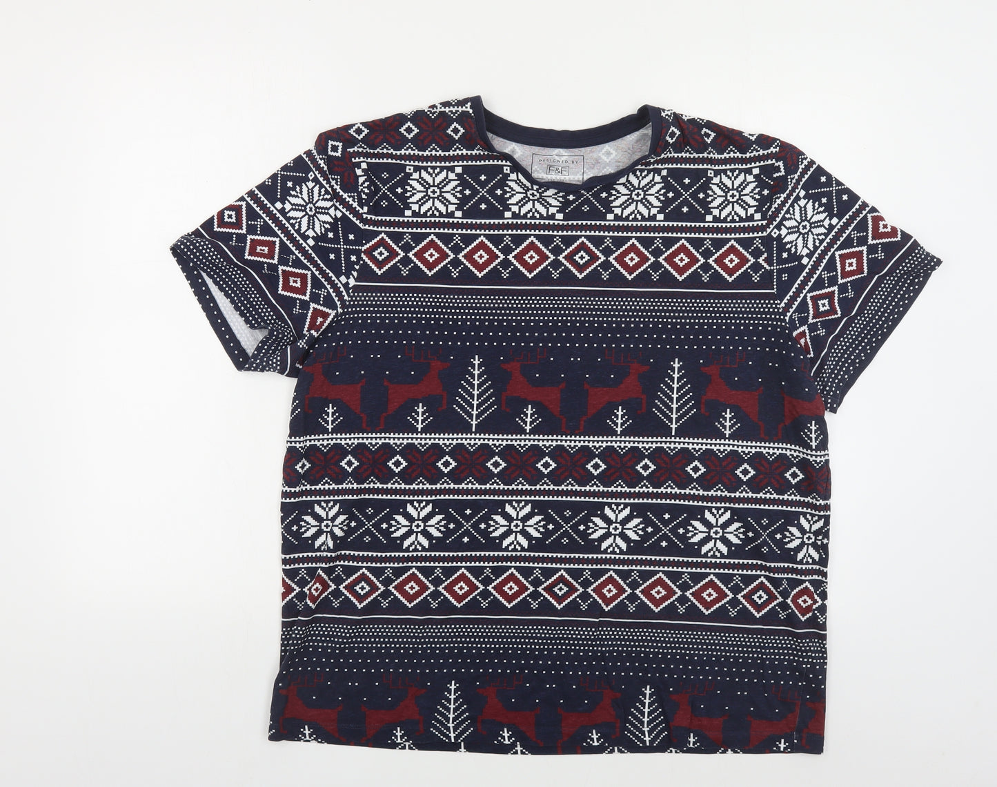 F&F Mens Blue Fair Isle Cotton T-Shirt Size XL Crew Neck - Christmas