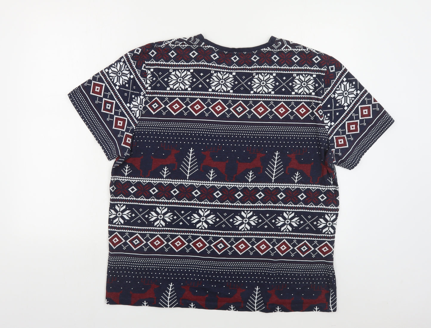 F&F Mens Blue Fair Isle Cotton T-Shirt Size XL Crew Neck - Christmas