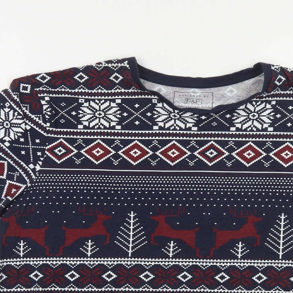 F&F Mens Blue Fair Isle Cotton T-Shirt Size XL Crew Neck - Christmas