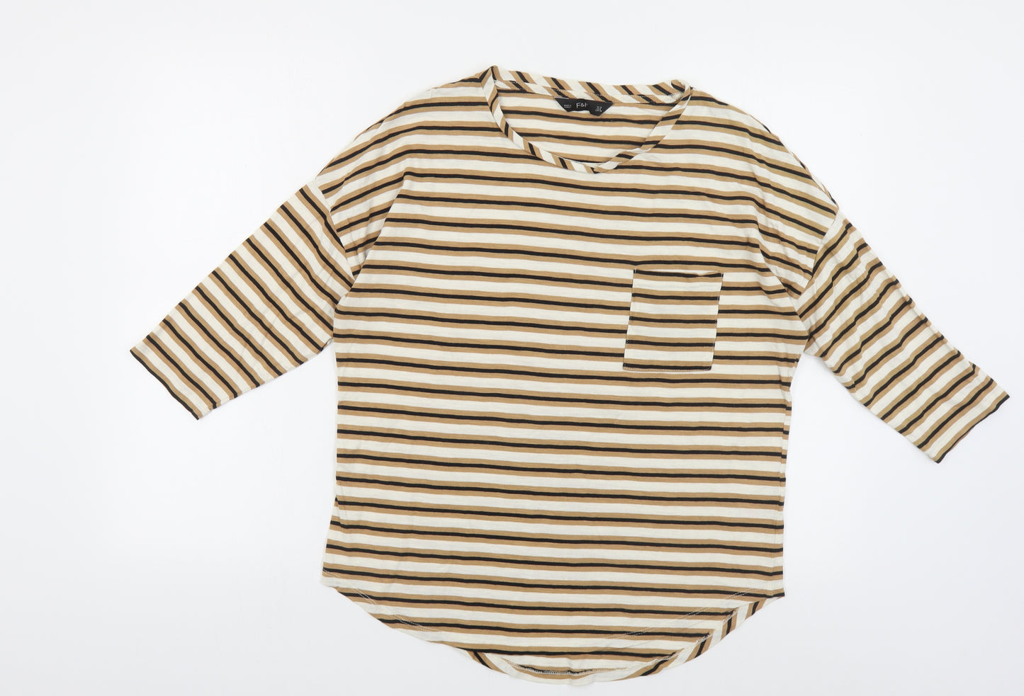 F&F Womens Beige Striped Cotton Basic T-Shirt Size 12 Round Neck