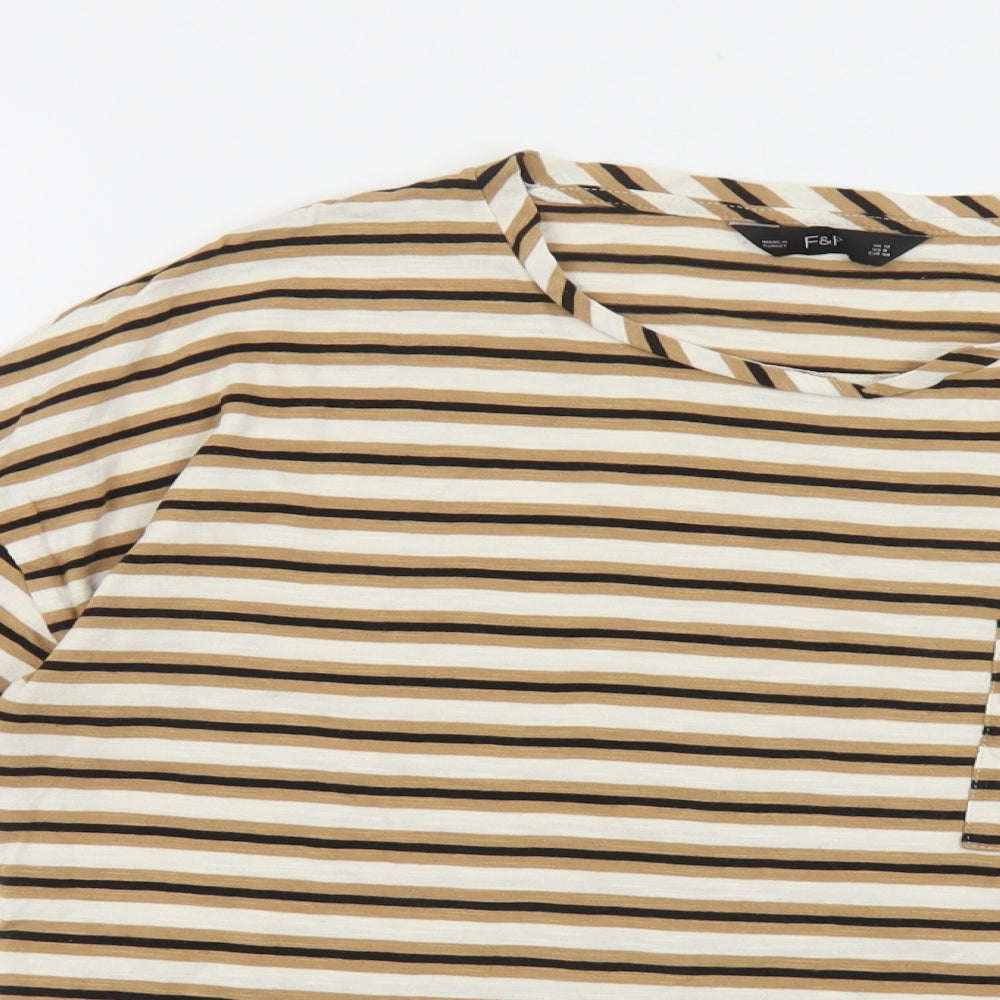 F&F Womens Beige Striped Cotton Basic T-Shirt Size 12 Round Neck