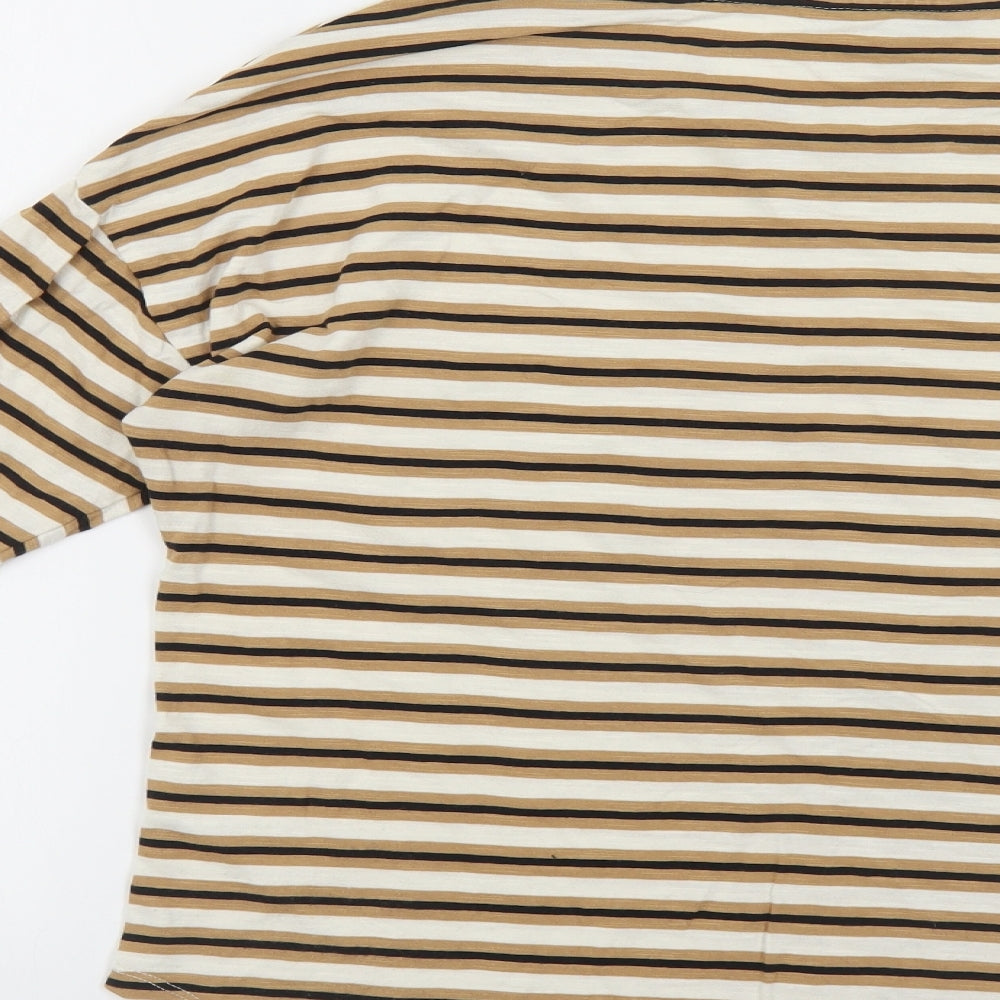 F&F Womens Beige Striped Cotton Basic T-Shirt Size 12 Round Neck