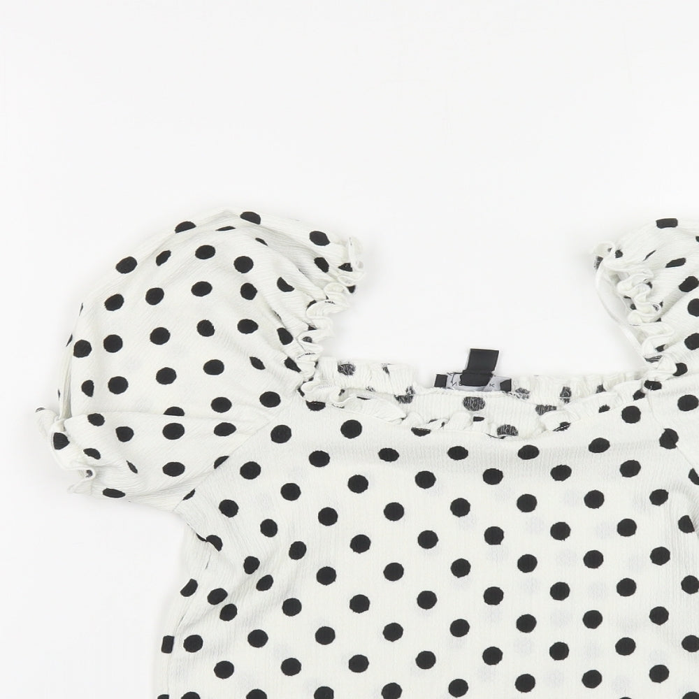 New Look Womens White Polka Dot Polyester Basic Blouse Size 10 Square Neck
