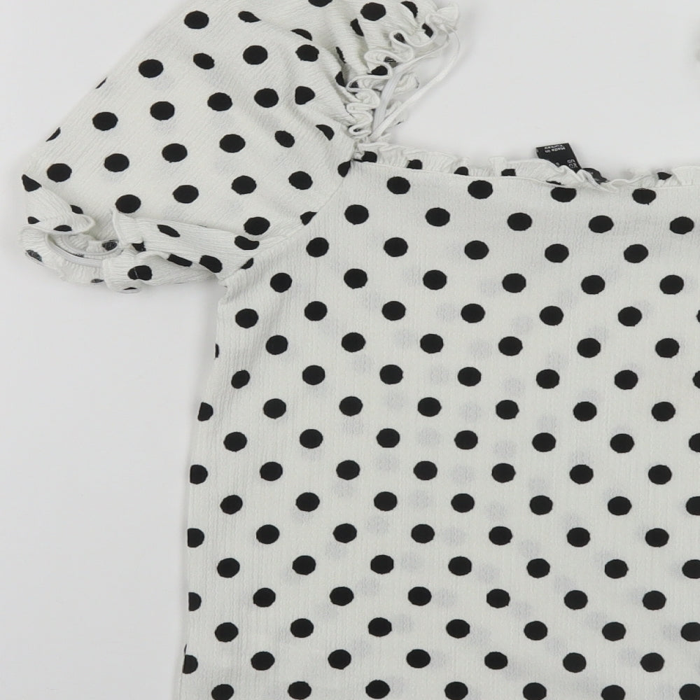 New Look Womens White Polka Dot Polyester Basic Blouse Size 10 Square Neck