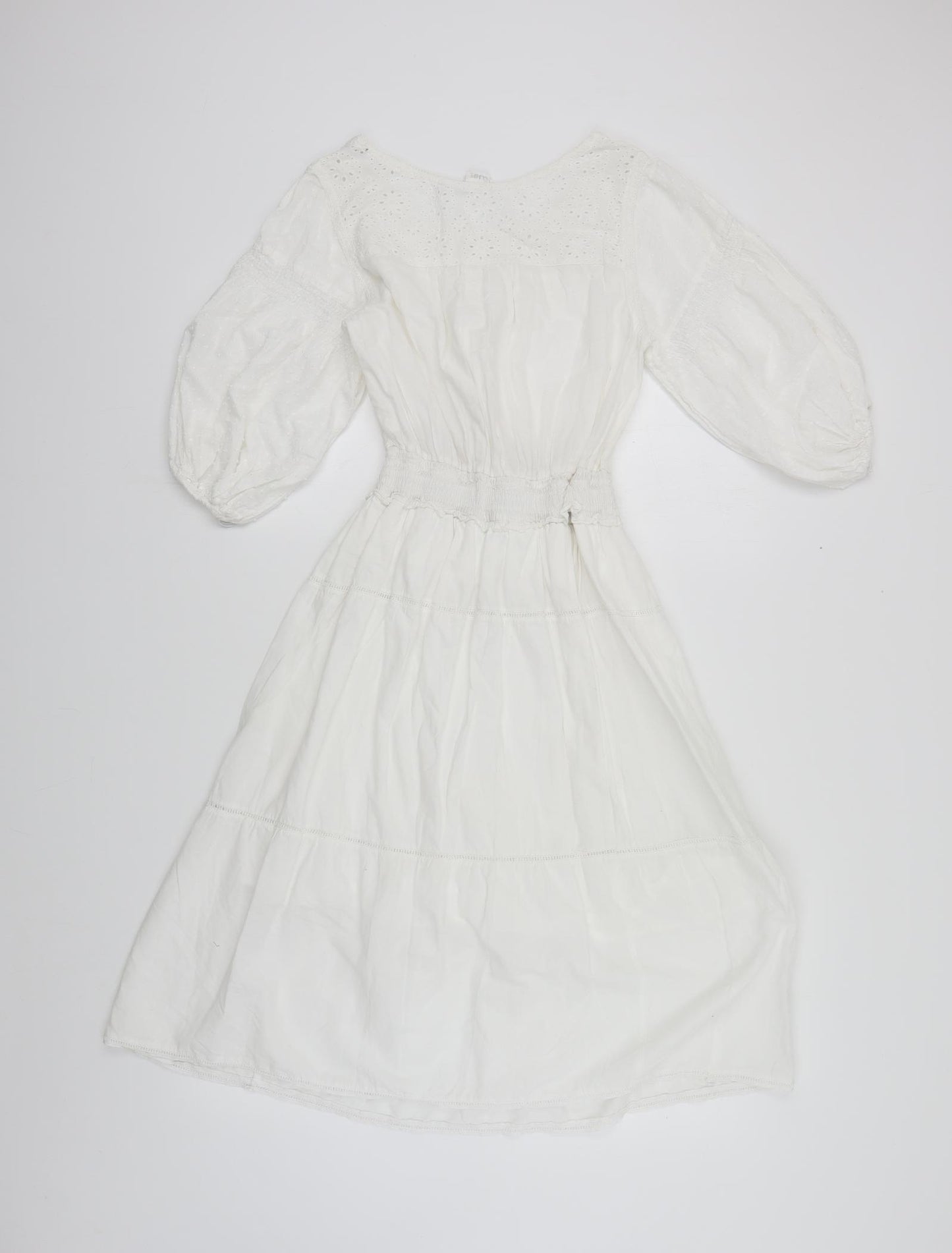 New Look Womens White Cotton Fit & Flare Size 12 Boat Neck Pullover - Tiered
