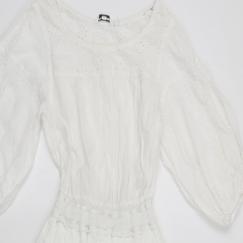 New Look Womens White Cotton Fit & Flare Size 12 Boat Neck Pullover - Tiered
