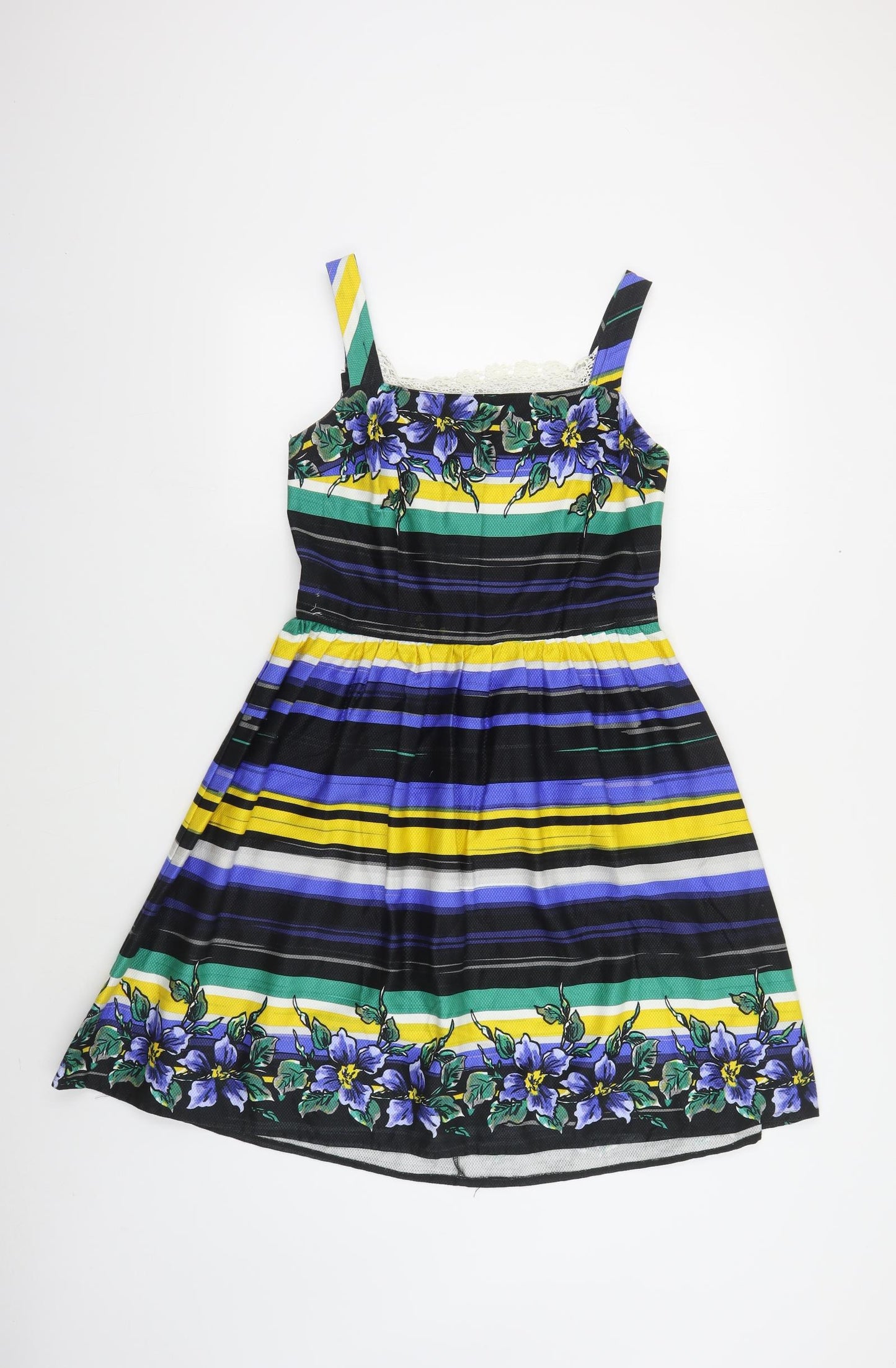 Atmosphere Womens Multicoloured Striped Cotton Fit & Flare Size 12 Square Neck Zip - Lace Detail