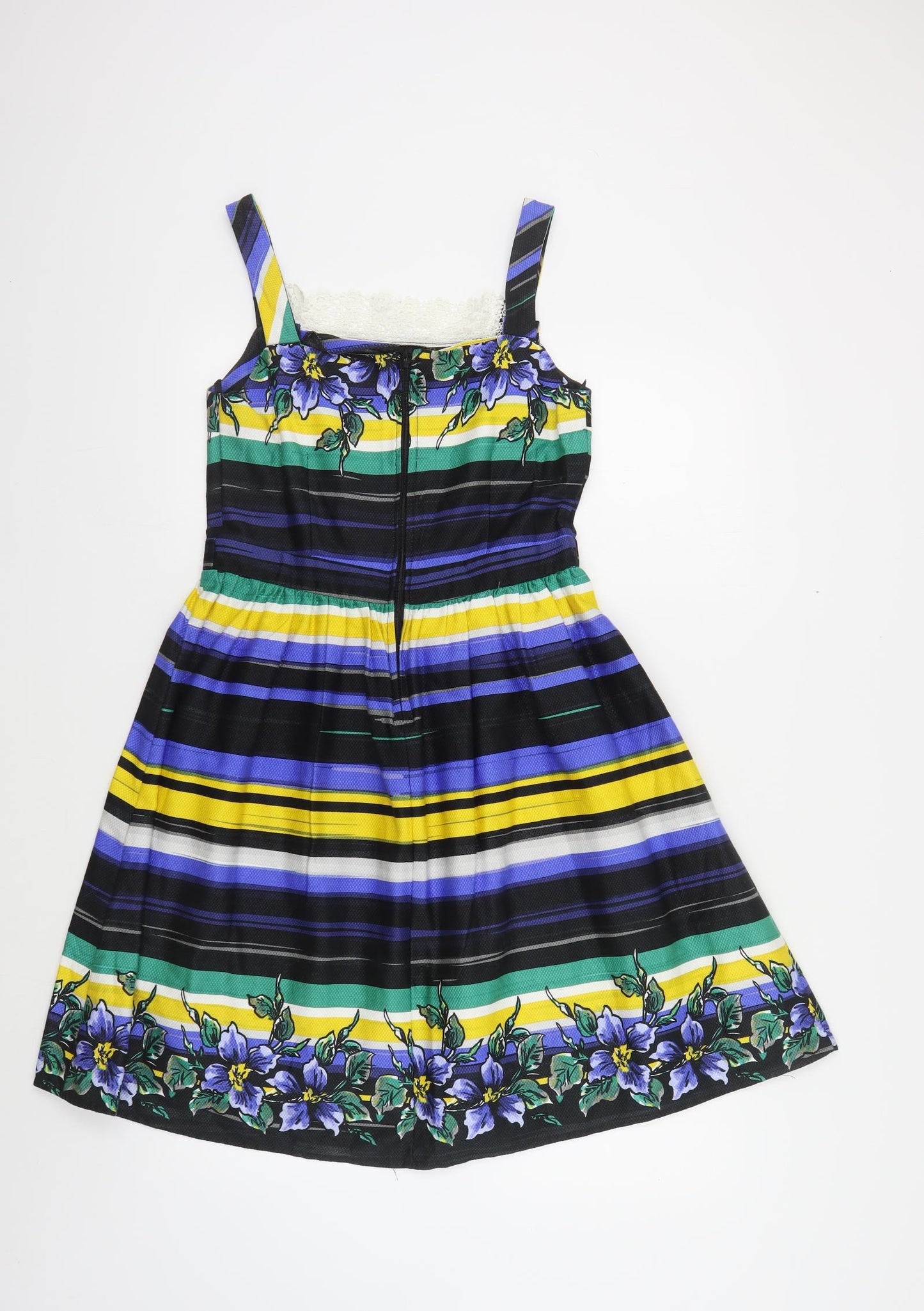 Atmosphere Womens Multicoloured Striped Cotton Fit & Flare Size 12 Square Neck Zip - Lace Detail