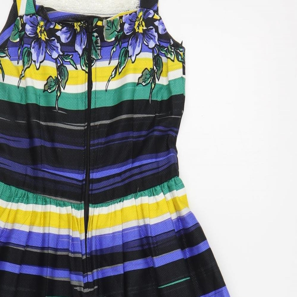 Atmosphere Womens Multicoloured Striped Cotton Fit & Flare Size 12 Square Neck Zip - Lace Detail