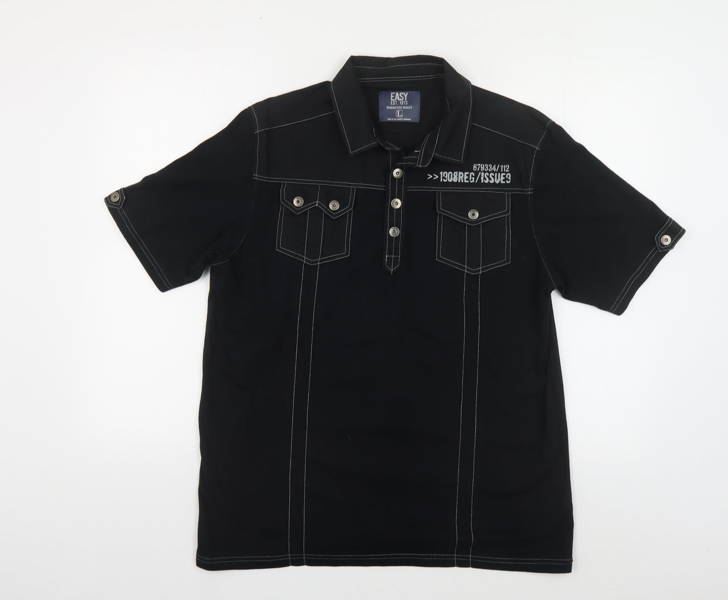 Matalan Mens Black Cotton Polo Size L Collared Button