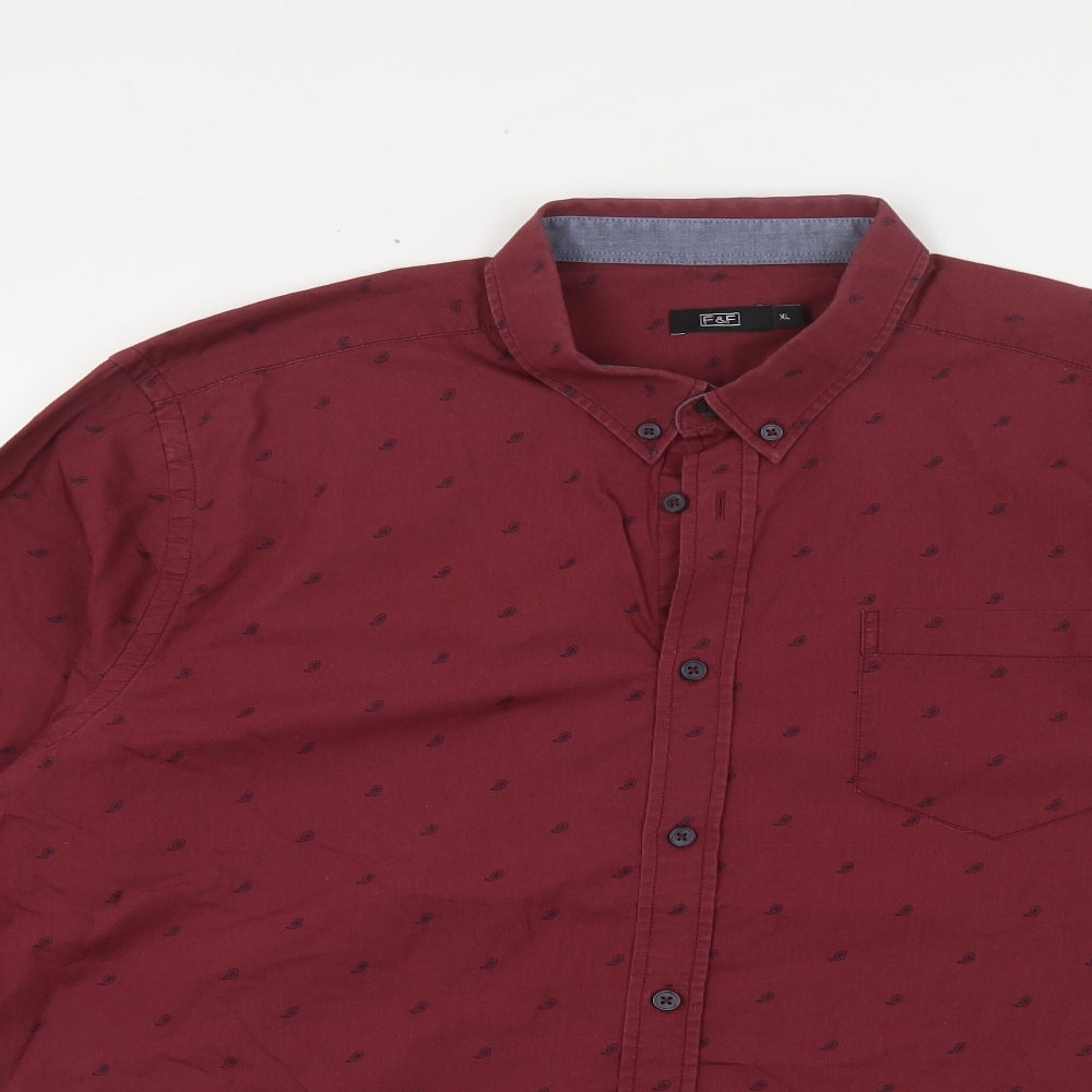 F&F Mens Red Geometric Cotton Button-Up Size XL Collared Button