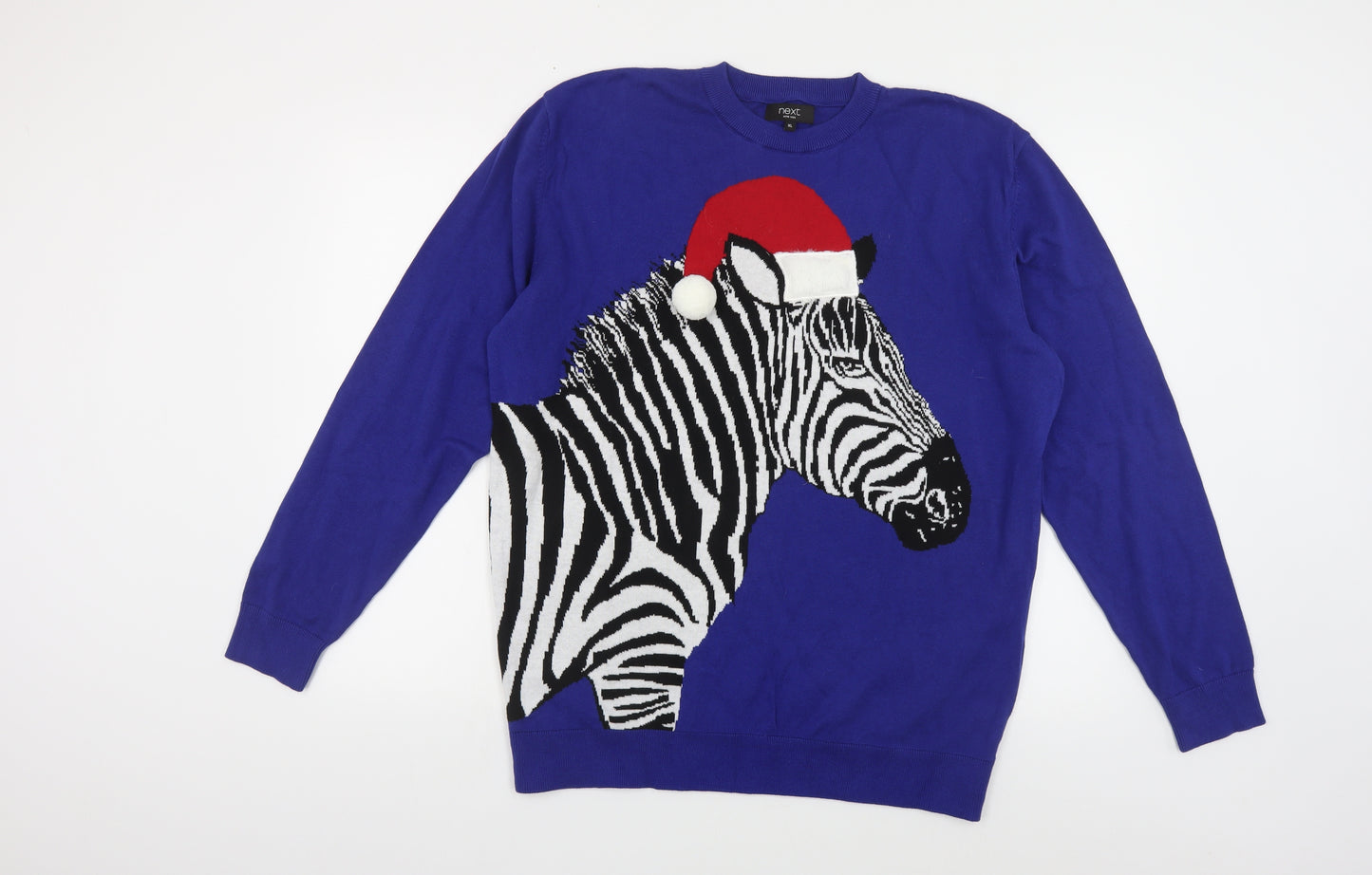 NEXT Mens Blue Crew Neck Cotton Pullover Jumper Size XL - Christmas Zebra