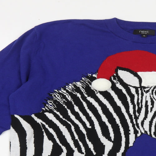NEXT Mens Blue Crew Neck Cotton Pullover Jumper Size XL - Christmas Zebra
