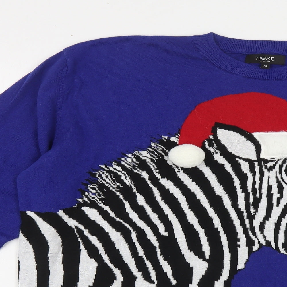 NEXT Mens Blue Crew Neck Cotton Pullover Jumper Size XL - Christmas Zebra
