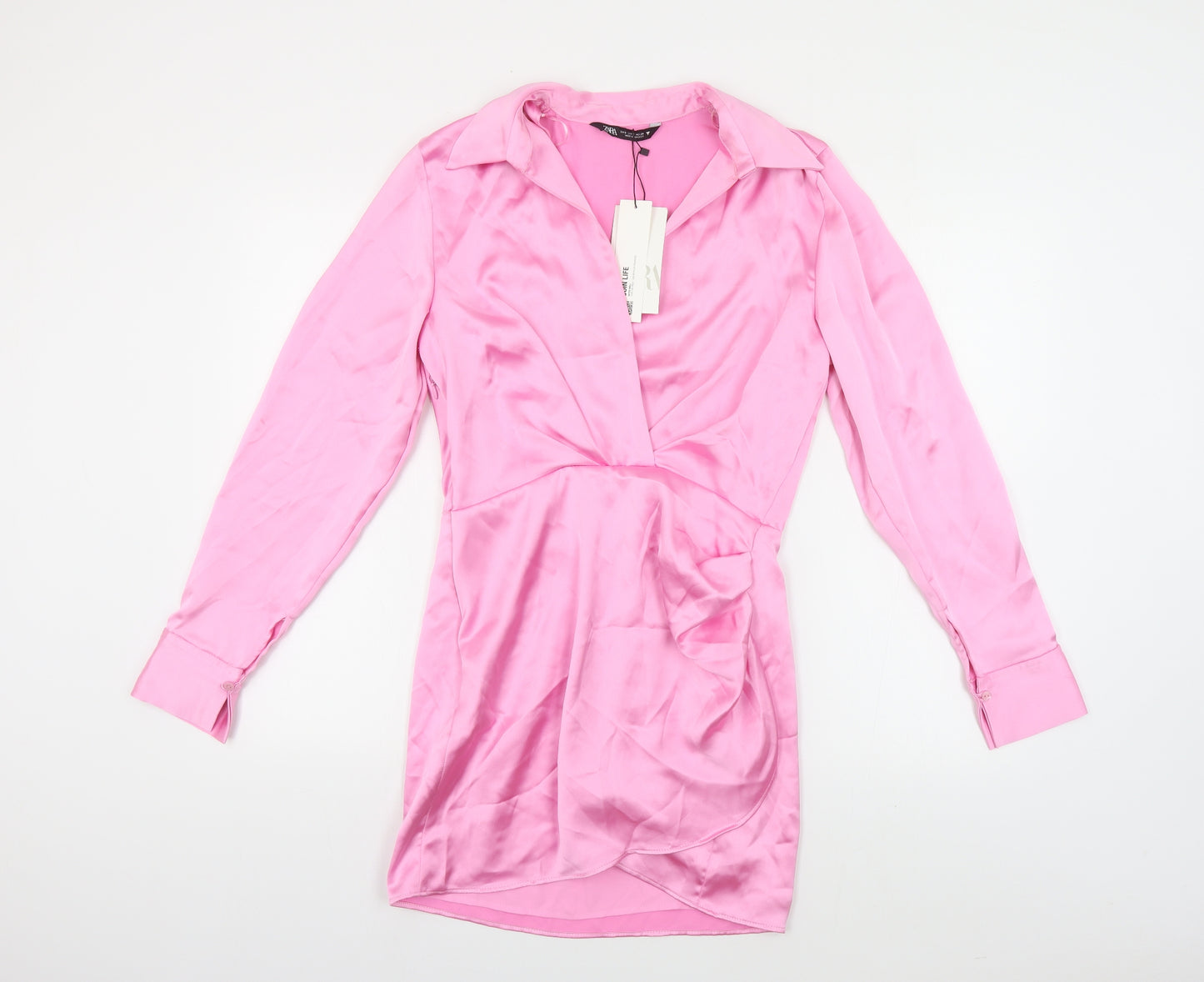 Zara Womens Pink Polyester Shirt Dress Size S Collared Zip