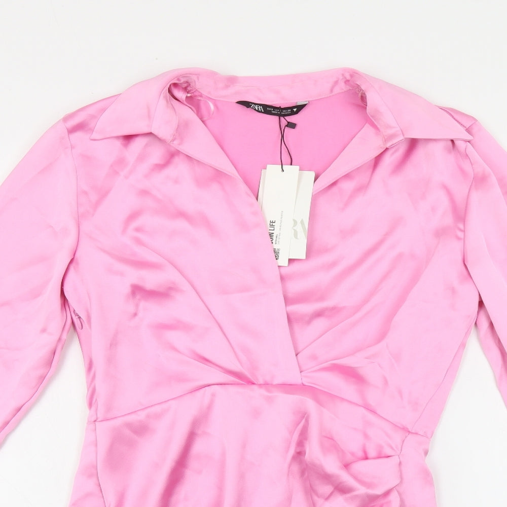 Zara Womens Pink Polyester Shirt Dress Size S Collared Zip