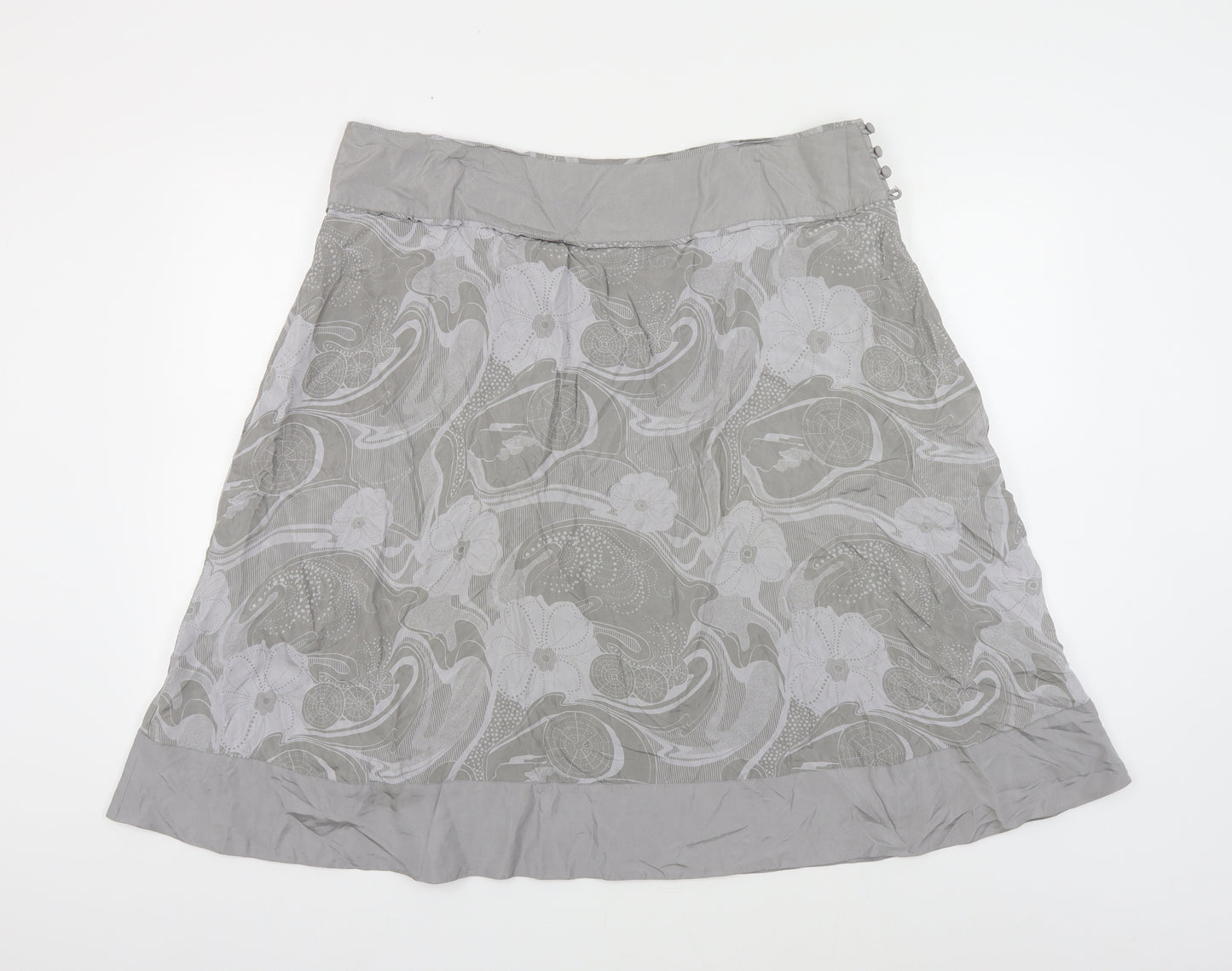 Fat Face Womens Grey Floral Silk A-Line Skirt Size 18 Button