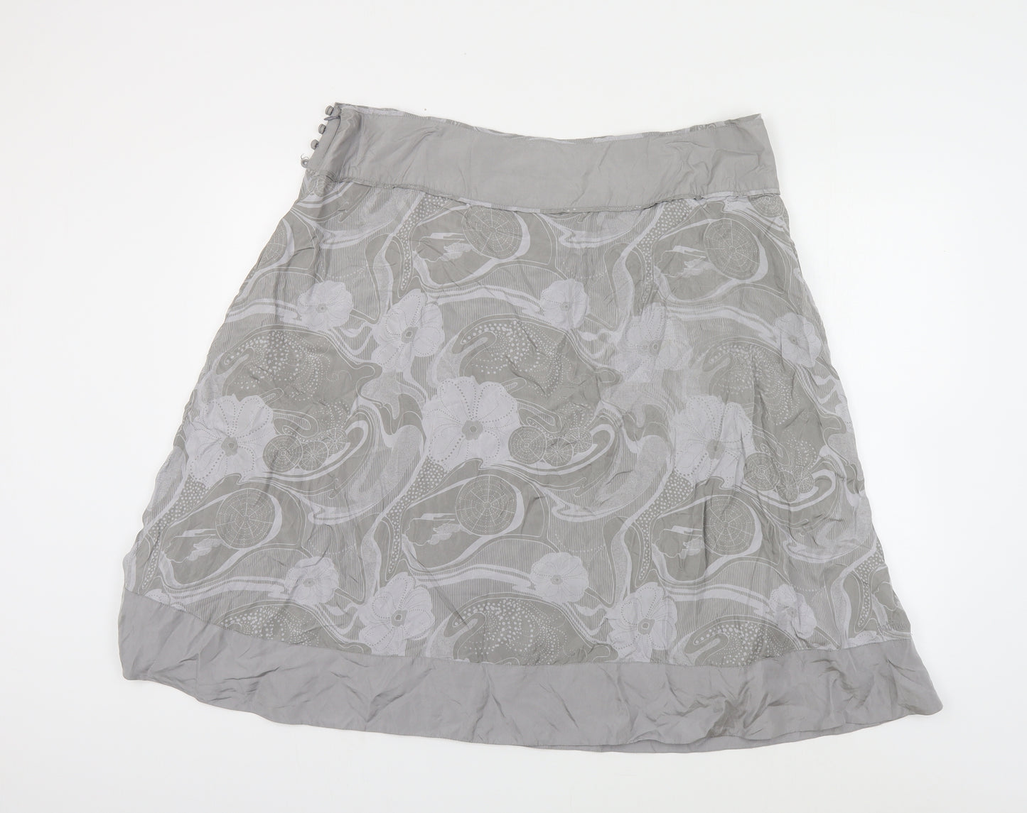 Fat Face Womens Grey Floral Silk A-Line Skirt Size 18 Button