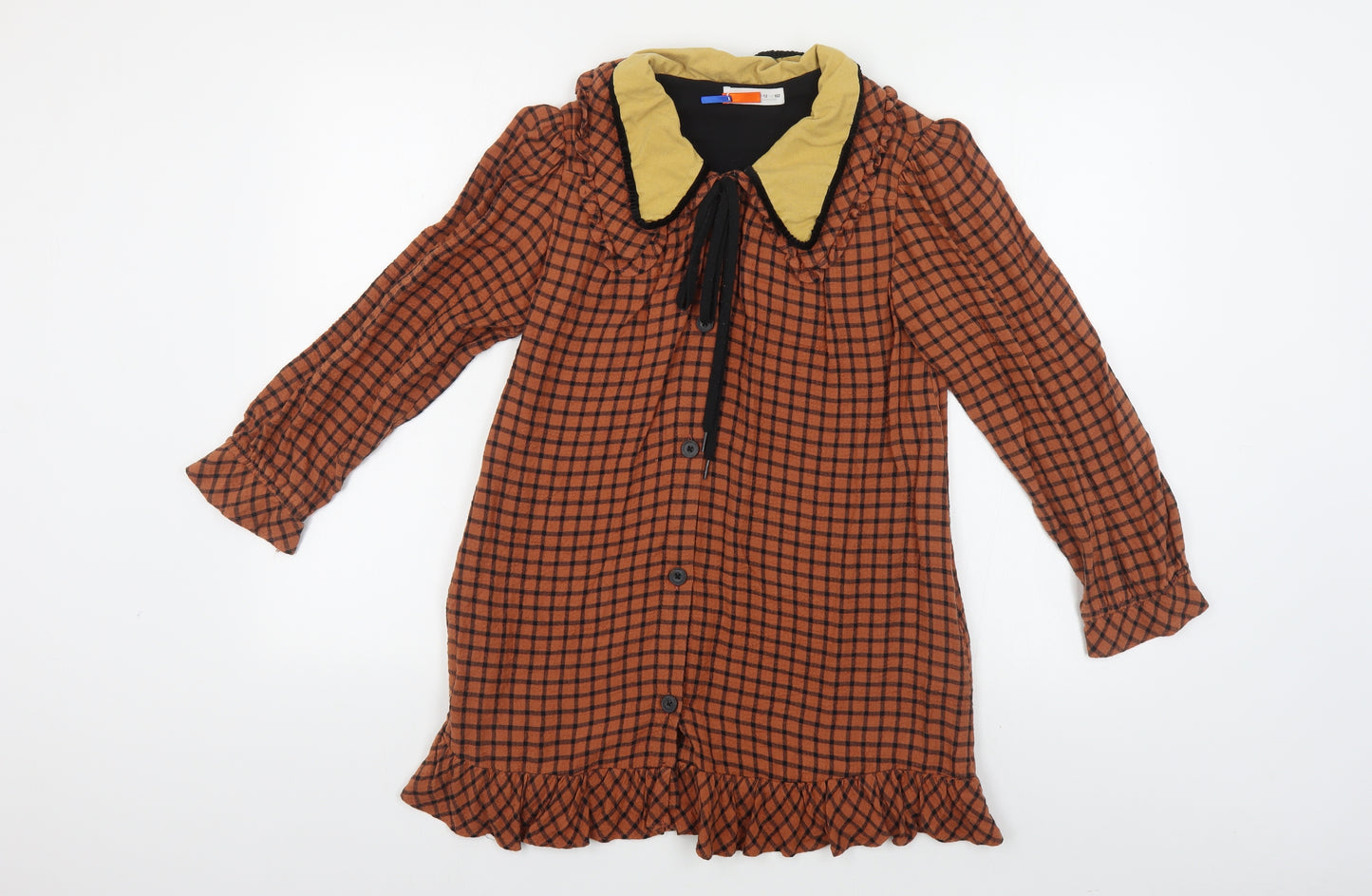 Zara Girls Brown Plaid Viscose A-Line Size 11-12 Years Collared Button