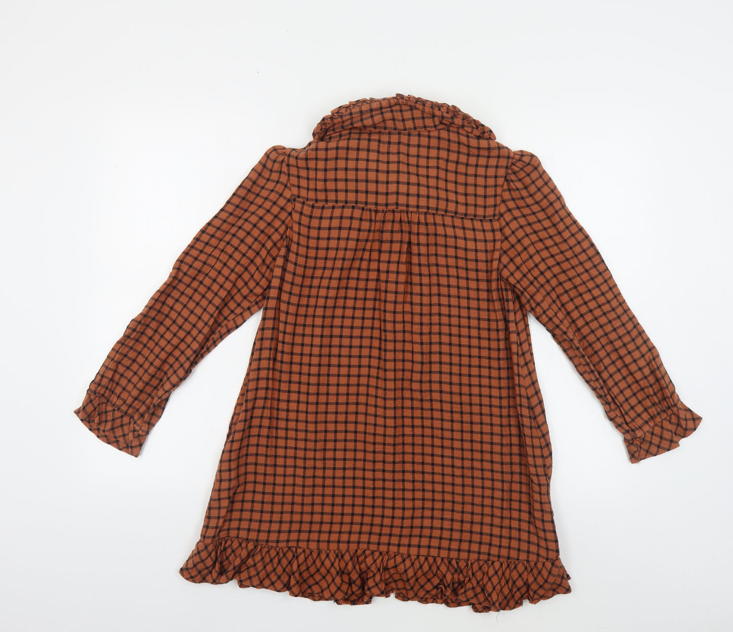 Zara Girls Brown Plaid Viscose A-Line Size 11-12 Years Collared Button