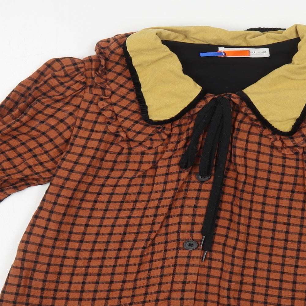 Zara Girls Brown Plaid Viscose A-Line Size 11-12 Years Collared Button