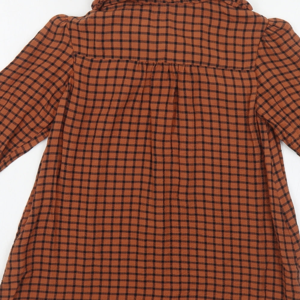 Zara Girls Brown Plaid Viscose A-Line Size 11-12 Years Collared Button