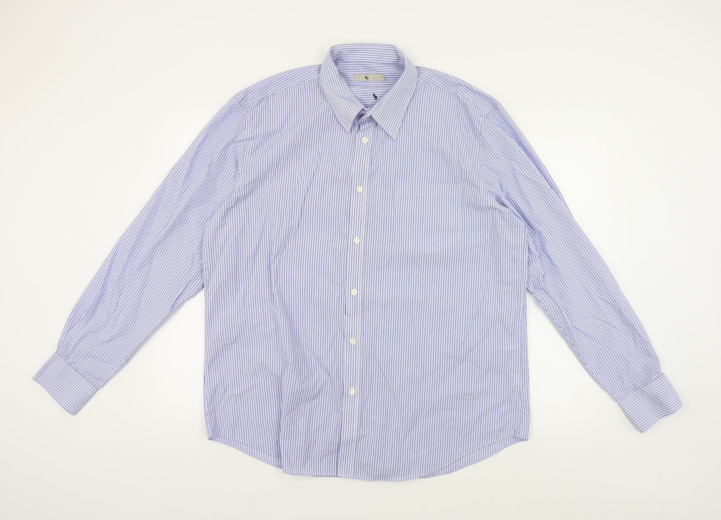 TU Mens Blue Striped Polyester Dress Shirt Size 17 Collared Button