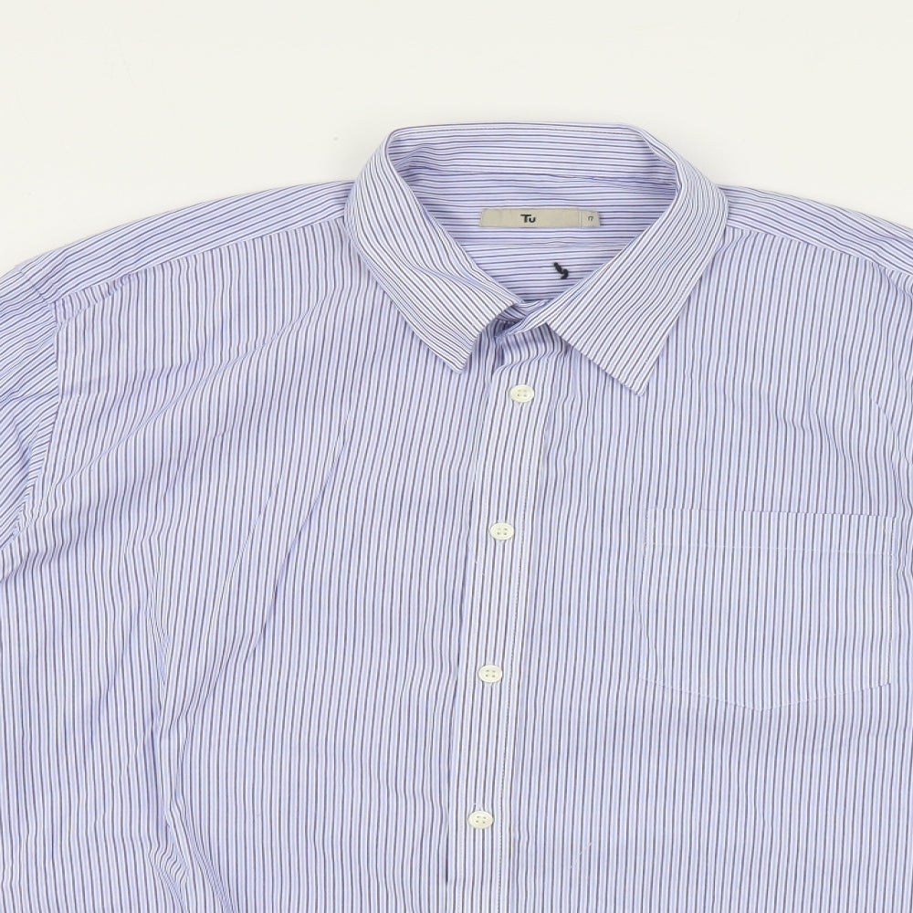 TU Mens Blue Striped Polyester Dress Shirt Size 17 Collared Button