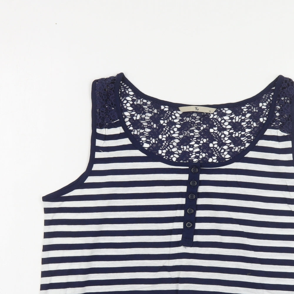 TU Womens Blue Striped Cotton Basic Tank Size 12 Scoop Neck