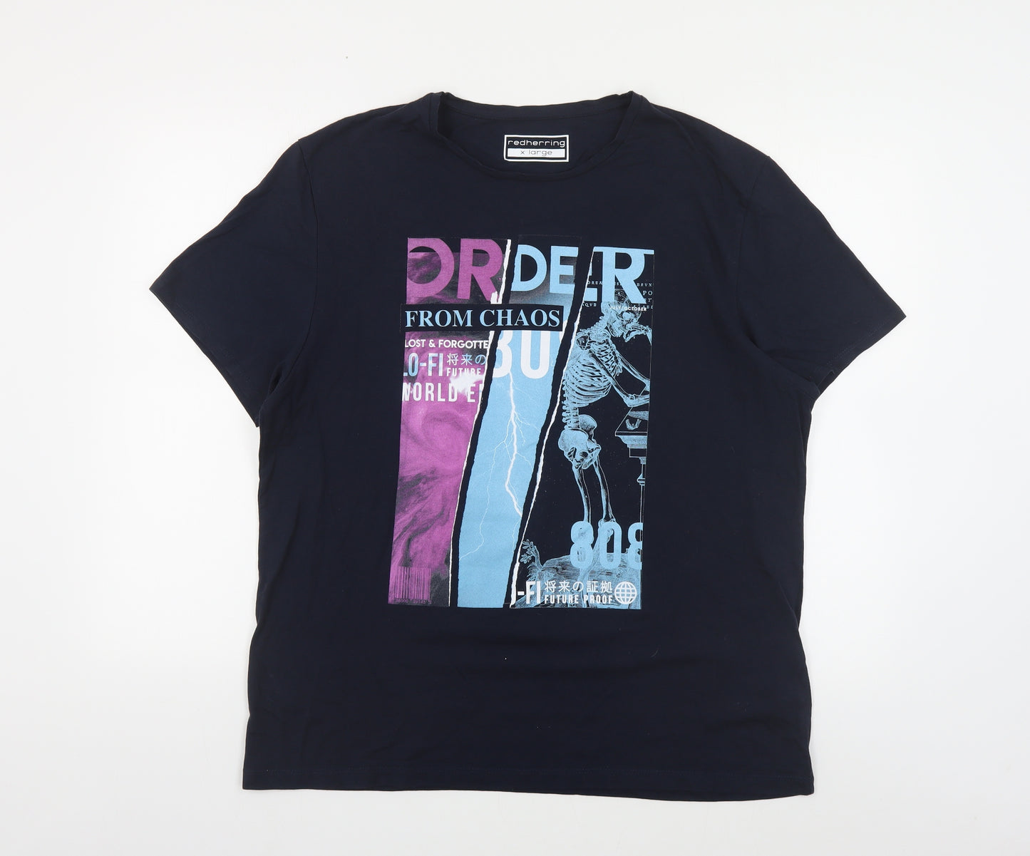 Red Herring Mens Blue Cotton T-Shirt Size XL Crew Neck - Skeleton