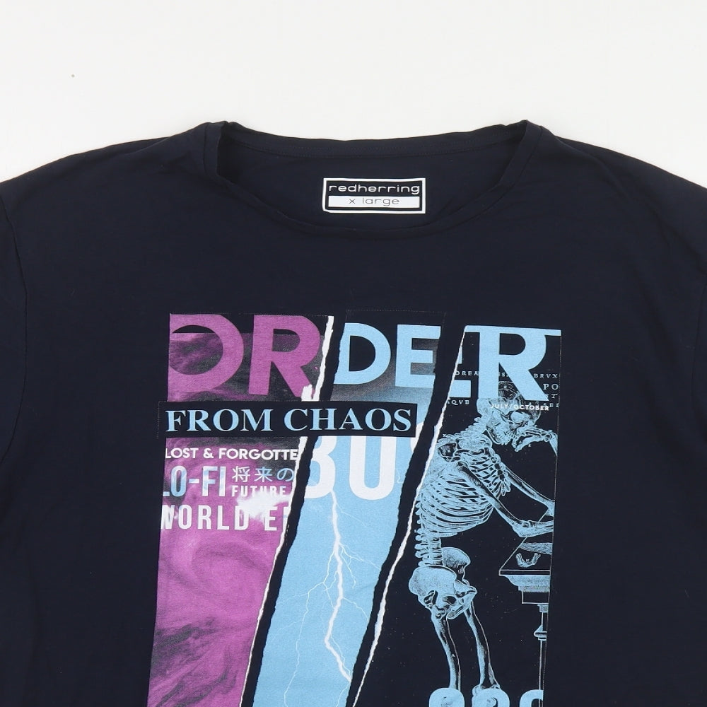 Red Herring Mens Blue Cotton T-Shirt Size XL Crew Neck - Skeleton