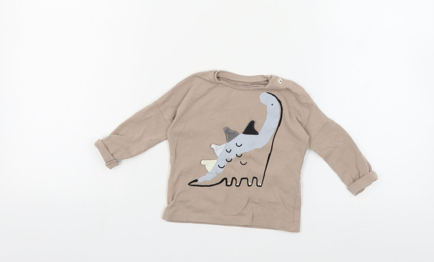 NEXT Baby Beige Cotton Pullover Polo Size 6-9 Months Crew Neck Snap - Dinosaur