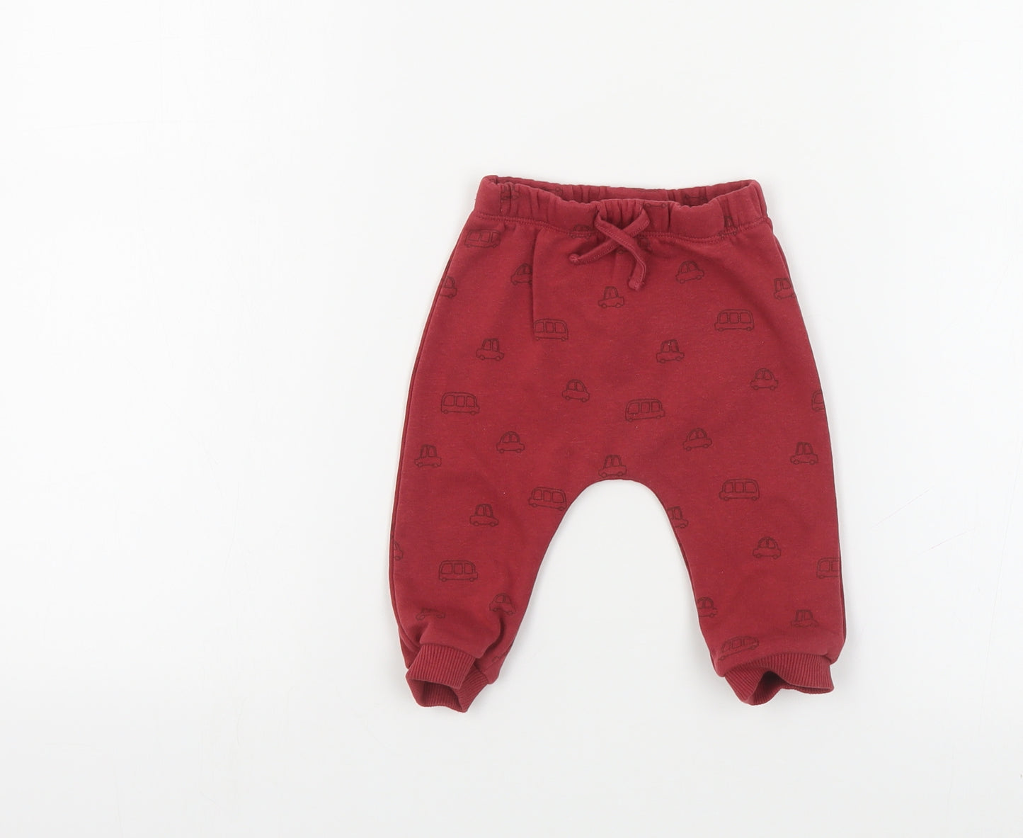 Matalan Baby Red Geometric Cotton Jogger Trousers Size 3-6 Months Drawstring - Car Print