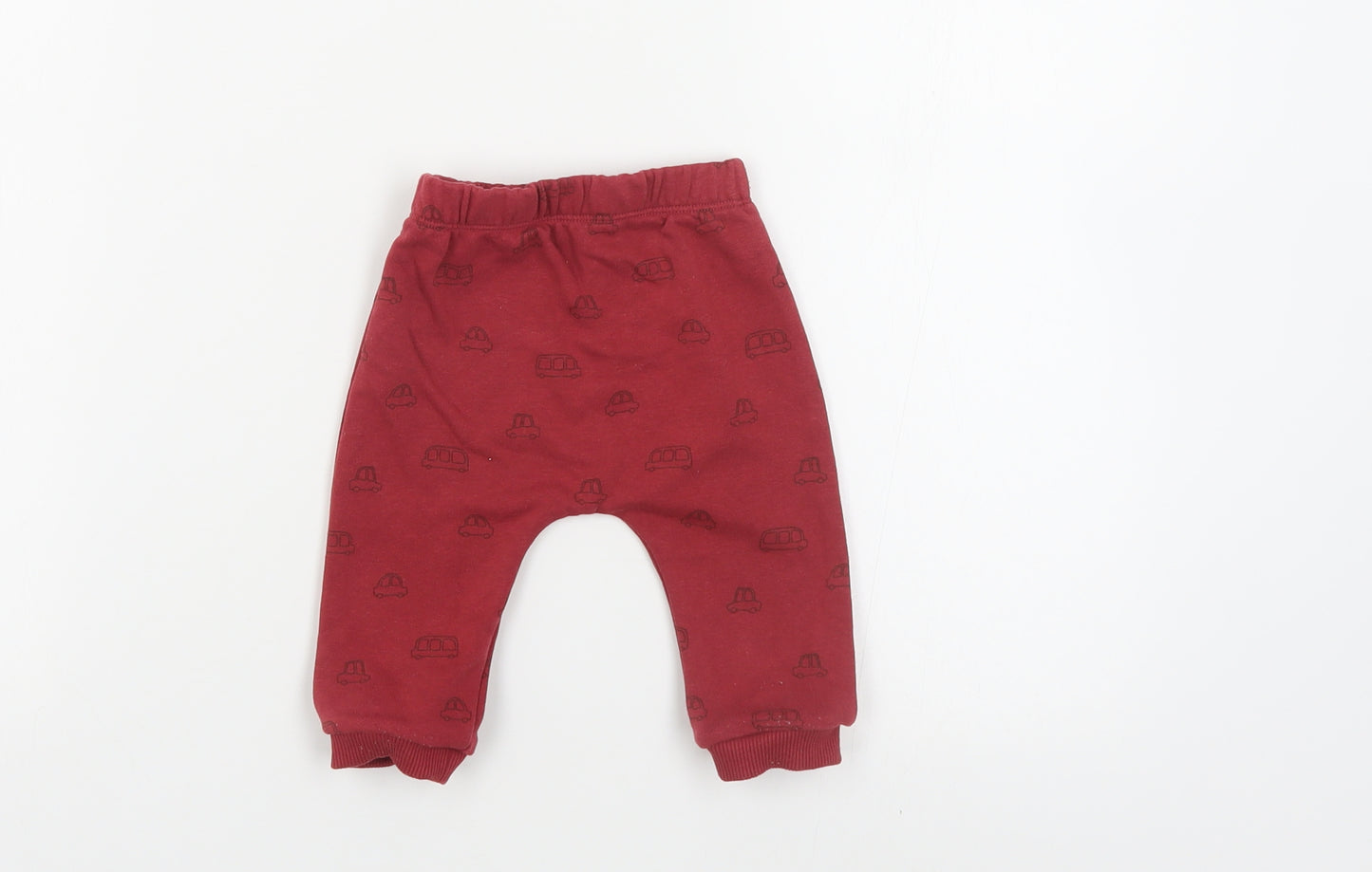 Matalan Baby Red Geometric Cotton Jogger Trousers Size 3-6 Months Drawstring - Car Print