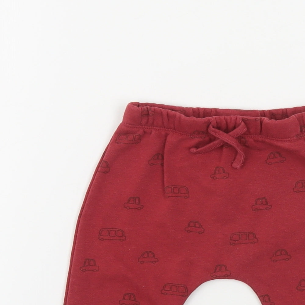 Matalan Baby Red Geometric Cotton Jogger Trousers Size 3-6 Months Drawstring - Car Print