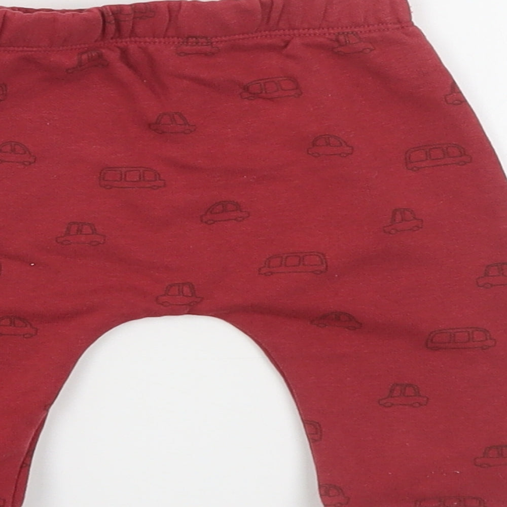 Matalan Baby Red Geometric Cotton Jogger Trousers Size 3-6 Months Drawstring - Car Print