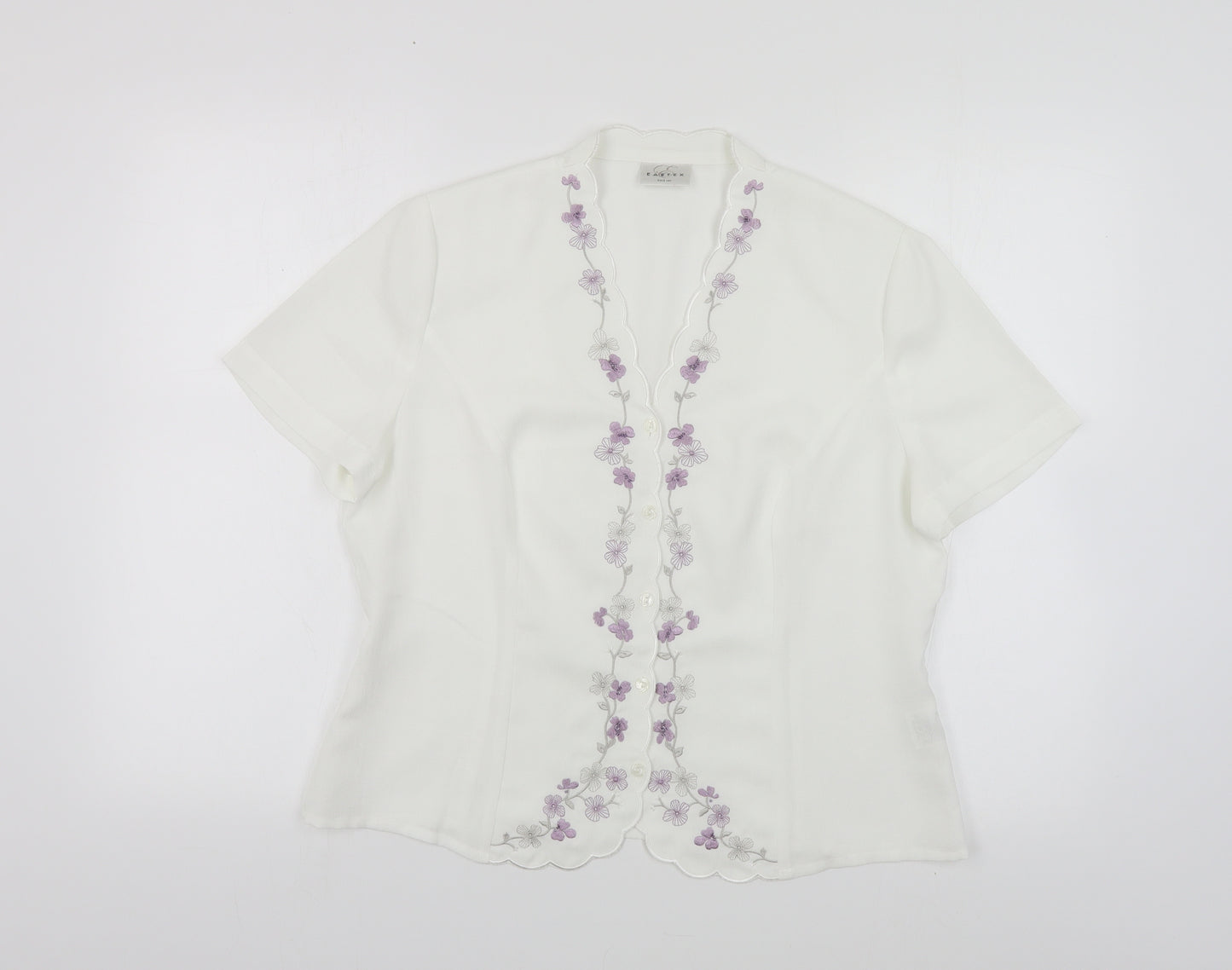 Eastex Womens White Floral Polyester Basic Button-Up Size 14 V-Neck