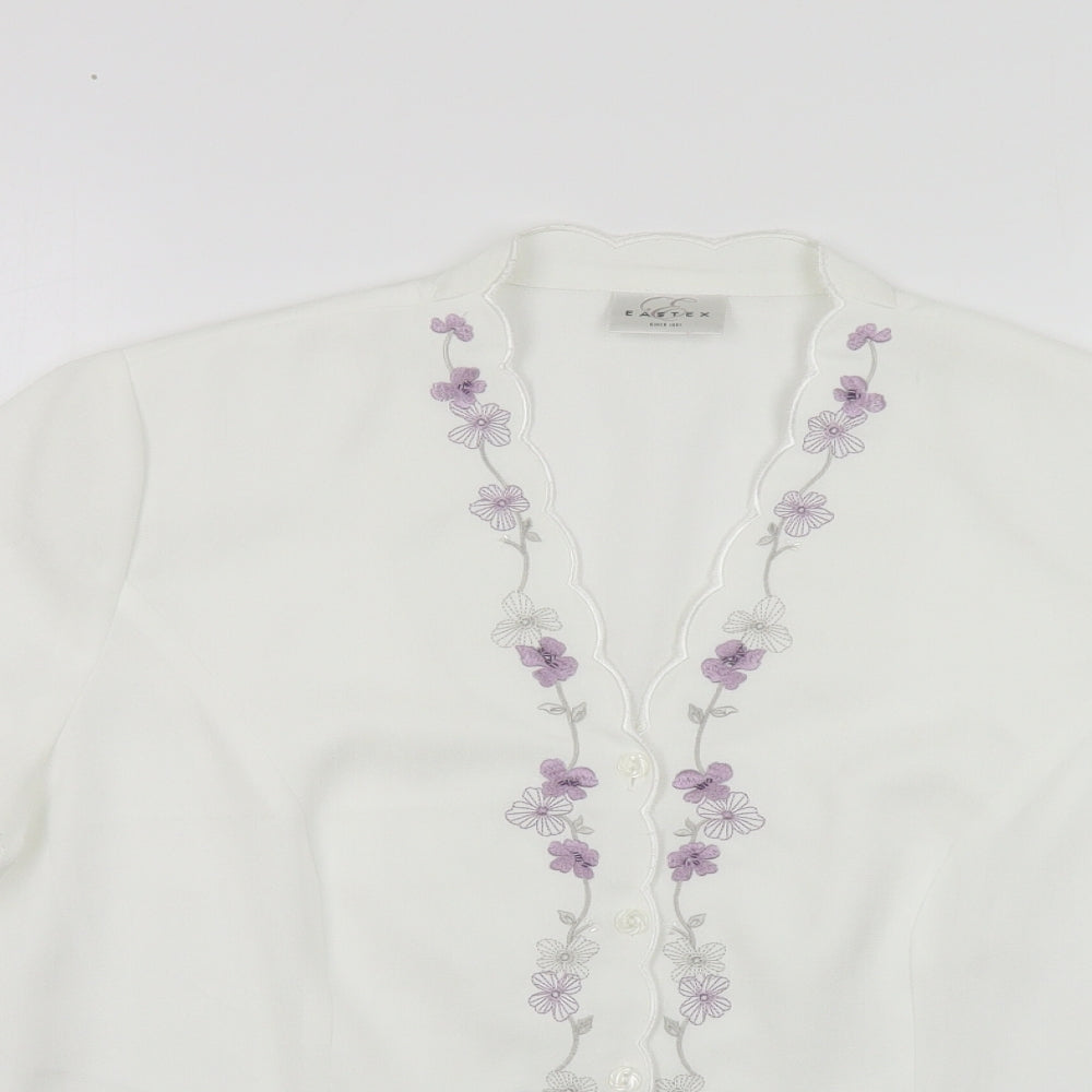 Eastex Womens White Floral Polyester Basic Button-Up Size 14 V-Neck