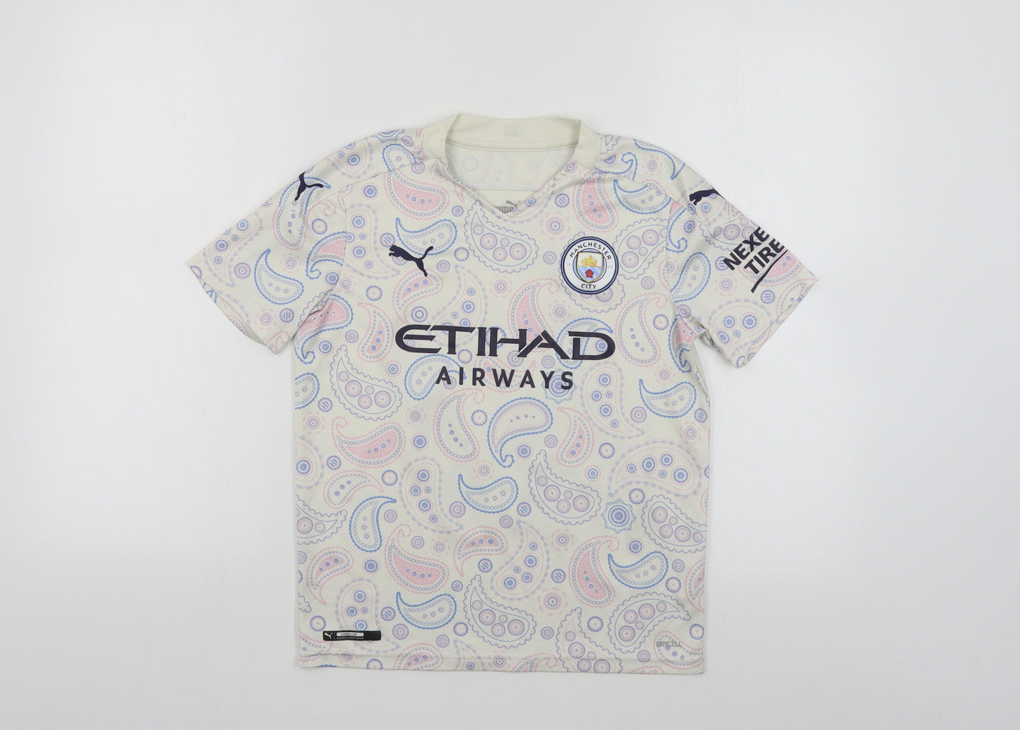 PUMA Boys Ivory Paisley Polyester Jersey T-Shirt Size 11-12 Years V-Neck Pullover - Manchester City Foden