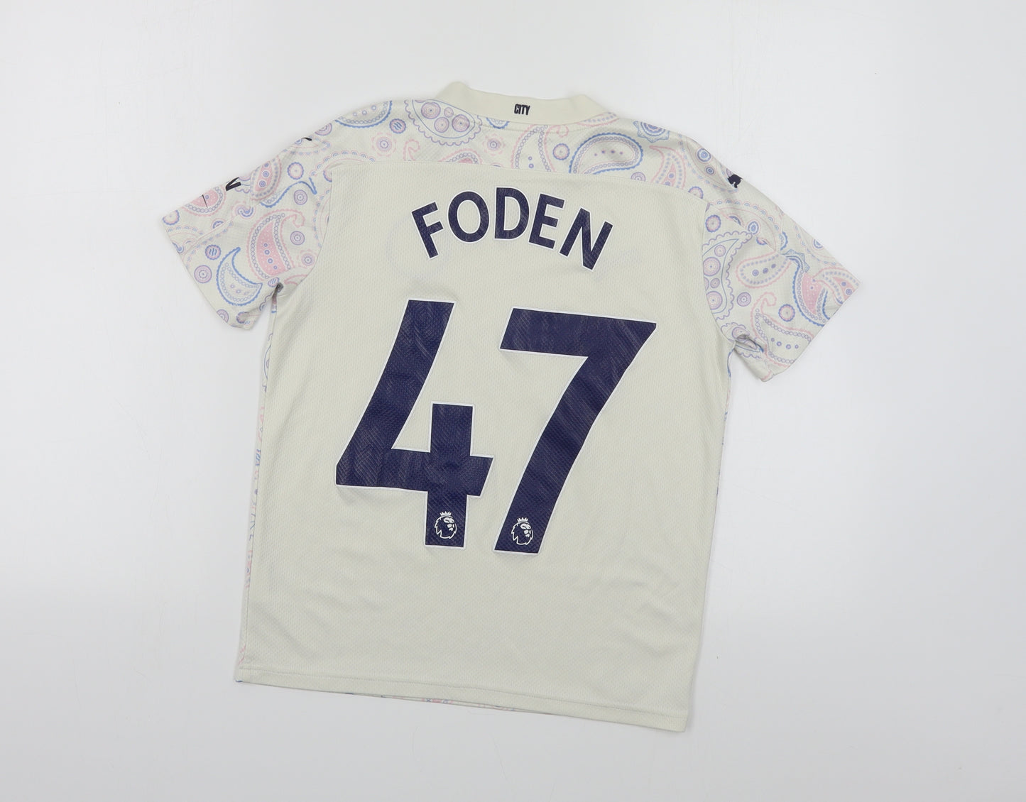 PUMA Boys Ivory Paisley Polyester Jersey T-Shirt Size 11-12 Years V-Neck Pullover - Manchester City Foden