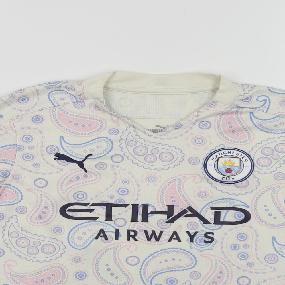 PUMA Boys Ivory Paisley Polyester Jersey T-Shirt Size 11-12 Years V-Neck Pullover - Manchester City Foden